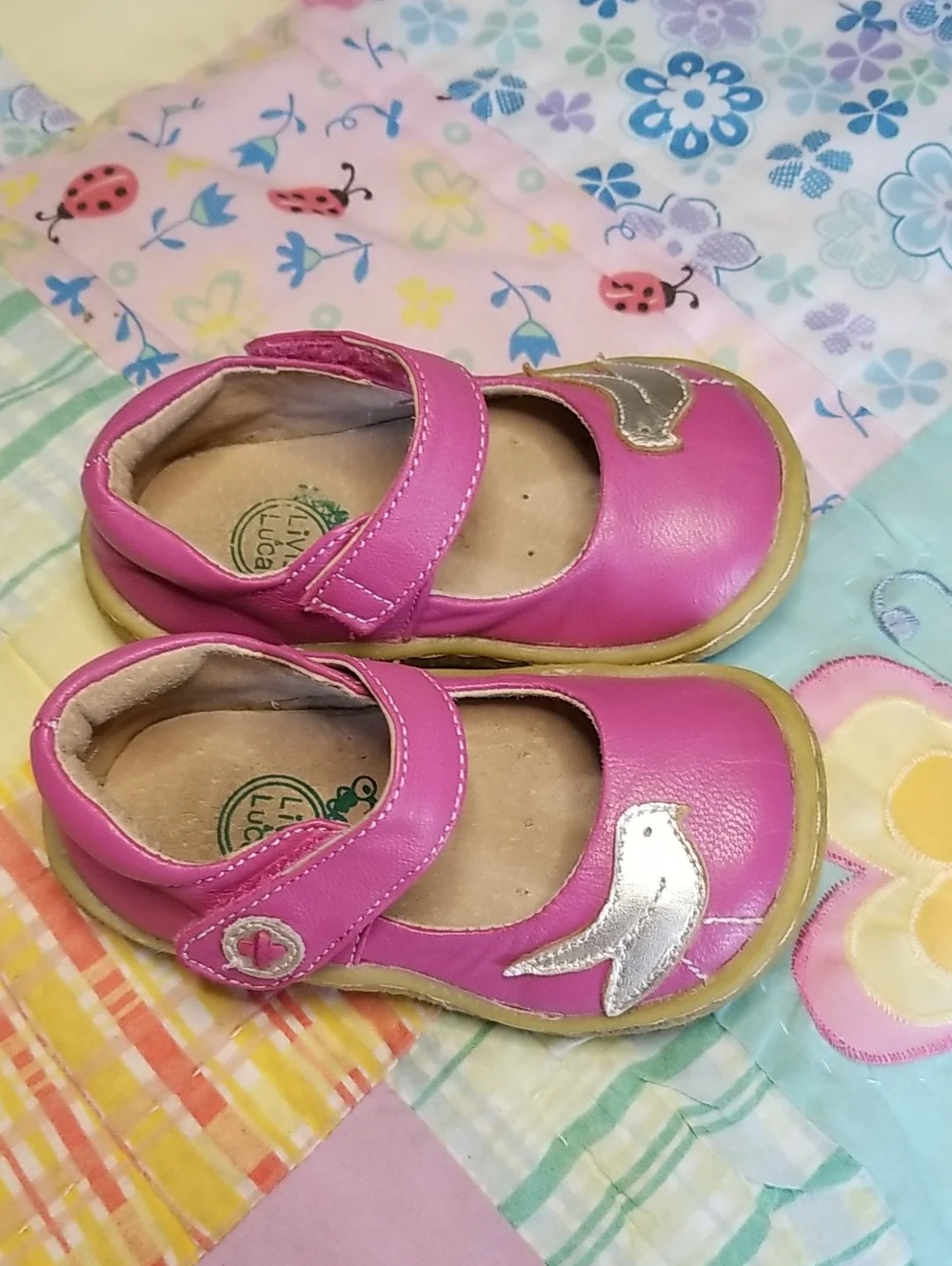 Livie & Luca Hot Pink Leather Mary Jane Shoes W/Silver Leather Bird Size 5 Pio